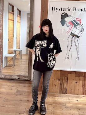 「HYSTERIC GLAMOUR（ヒステリックグラマー）のSNAKE LOOP スキニーデニムパンツ（デニムパンツ、ブラック系）」を使った、fukuchanさん（レディース・154cm）の夏コーディネート