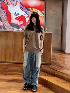 「HYSTERIC GLAMOUR（ヒステリックグラマー）のHYSTERIC 0321 ニータックワイドパンツ（その他パンツ、ブルー系）」を使った、fukuchanさん（レディース・154cm）の夏コーディネート