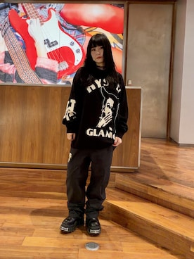 「HYSTERIC GLAMOUR（ヒステリックグラマー）のSPEAK NO EVIL編込 セーター（ニット/セーター、ブラック系）」を使った、fukuchanさん（レディース・154cm）の夏コーディネート