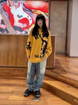 「HYSTERIC GLAMOUR（ヒステリックグラマー）のHYSTERIC 0321 ニータックワイドパンツ（その他パンツ、ブルー系）」を使った、fukuchanさん（レディース・154cm）の夏コーディネート