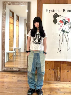 「HYSTERIC GLAMOUR（ヒステリックグラマー）のHYSTERIC 0321 ニータックワイドパンツ（その他パンツ、ブルー系）」を使った、fukuchanさん（レディース・154cm）の夏コーディネート