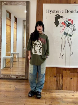 「HYSTERIC GLAMOUR（ヒステリックグラマー）のHYSTERIC 0321 ニータックワイドパンツ（その他パンツ、ブルー系）」を使った、fukuchanさん（レディース・154cm）の夏コーディネート