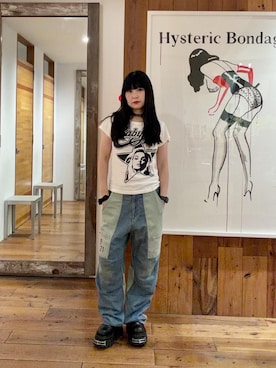 「HYSTERIC GLAMOUR（ヒステリックグラマー）のHYSTERIC 0321 ニータックワイドパンツ（その他パンツ、ブルー系）」を使った、fukuchanさん（レディース・154cm）の夏コーディネート