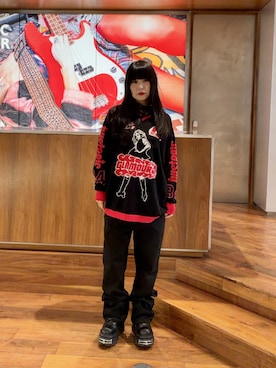 「HYSTERIC GLAMOUR（ヒステリックグラマー）のHYSTERIC84ジャカードメッシュ プルオーバー（ニット/セーター、ブラック系）」を使った、fukuchanさん（レディース・154cm）の夏コーディネート