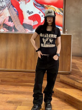 「HYSTERIC GLAMOUR（ヒステリックグラマー）のEVIL SKULL チビTシャツ（Tシャツ/カットソー、ブラック系）」を使った、fukuchanさん（レディース・154cm）の夏コーディネート