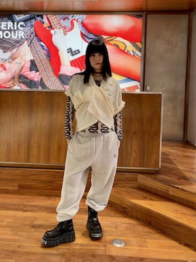 「HYSTERIC GLAMOUR（ヒステリックグラマー）のHYS LOGO スウェットパンツ（スウェットパンツ、グレー系）」を使った、fukuchanさん（レディース・154cm）の夏コーディネート