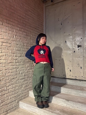 「HYSTERIC GLAMOUR（ヒステリックグラマー）の6ポケットカーゴパンツ（カーゴパンツ）」を使った、ニチさん（レディース・152cm）の秋コーディネート