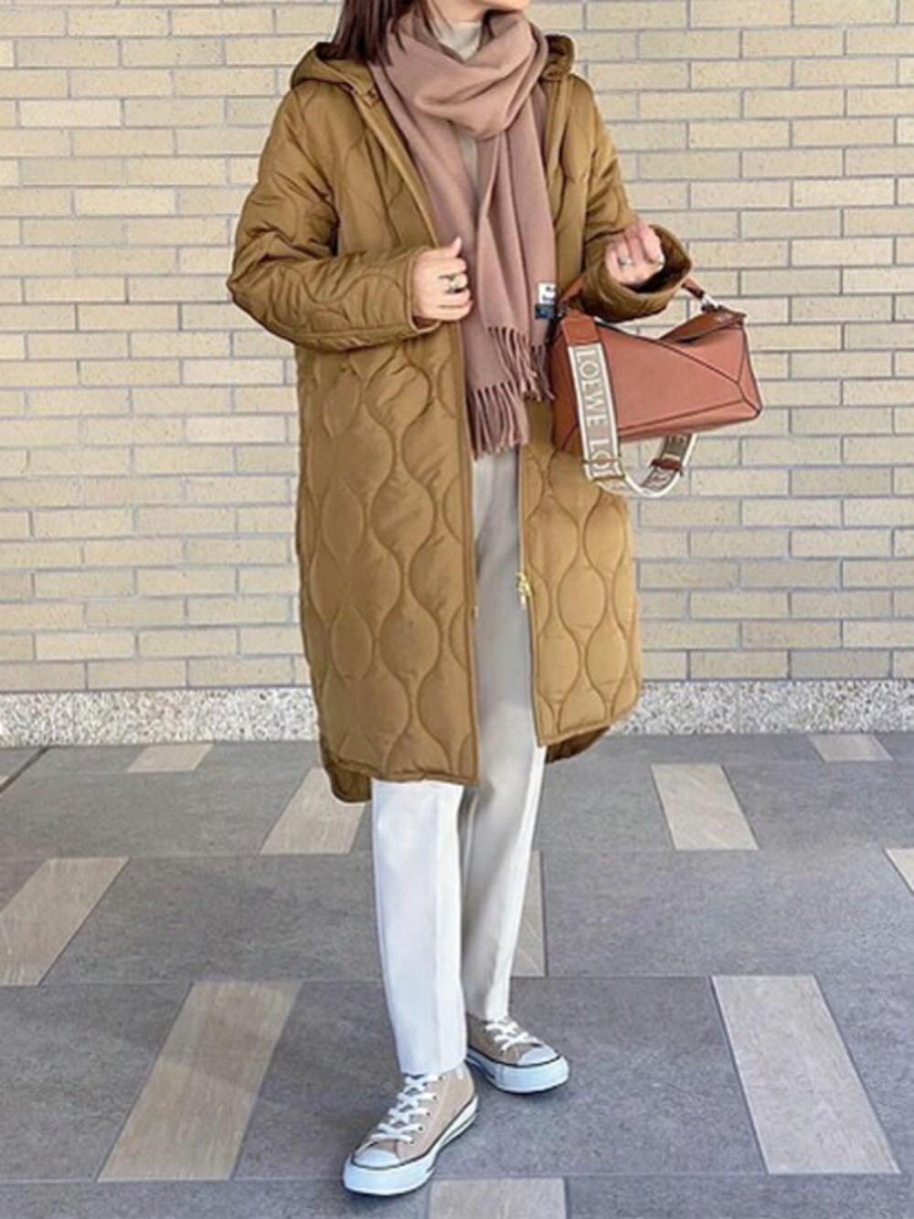 「キルティング、3way、フードコート、撥水加工、美シルエット、エマテイラー、Emmataylor、styledoor、スタイルドア、防汚加工」｜「Emma Taylorの再入荷！【撥水・防汚加工】美シルエット3wayキルティングフードコート（その他アウター、イエロー系）」を使った、STYLEDOORさん（レディース・157cm）の冬コーディネートの1枚目の写真