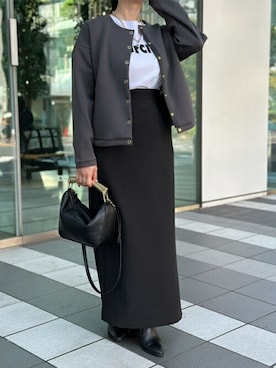 「エマテイラー」｜「アイテム（ノーカラージャケット）」を使った、STYLEDOORさん（レディース・154cm）の秋コーディネート