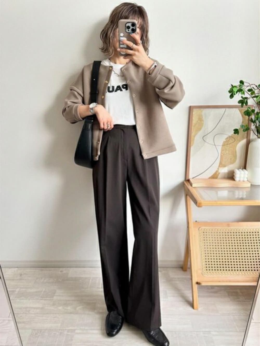 「ジャケット、ノーカラー、きれいめコーディネート、ノーカラージャケット、ダンボール、モカ、エマテイラー、Emmataylor、styledoor、スタイルドア」｜「Emma Taylorのダンボールノーカラージャケット（ノーカラージャケット、ブラウン系）」を使った、STYLEDOORさん（レディース・153cm）の秋コーディネートの1枚目の写真