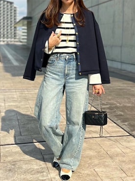 「ネイビー」｜「アイテム（ノーカラージャケット）」を使った、STYLEDOORさん（レディース・162cm）の冬コーディネート