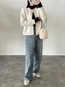 「オフホワイト」｜「アイテム（ノーカラージャケット）」を使った、STYLEDOORさん（レディース・158cm）の冬コーディネート