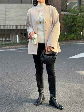 「ノーカラー」｜「アイテム（ノーカラーコート）」を使った、STYLEDOORさん（レディース・165cm）の冬コーディネート