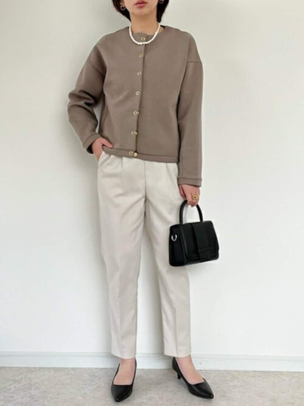 「ジャケット、ノーカラー、ノーカラージャケット、ダンボール、モカ、春トップス、エマテイラー、Emmataylor、styledoor、スタイルドア」｜「Emma Taylorの【春トップス】ダンボールノーカラージャケット（ノーカラージャケット、ブラウン系）」を使った、STYLEDOORさん（レディース・159cm）の春コーディネートの1枚目の写真