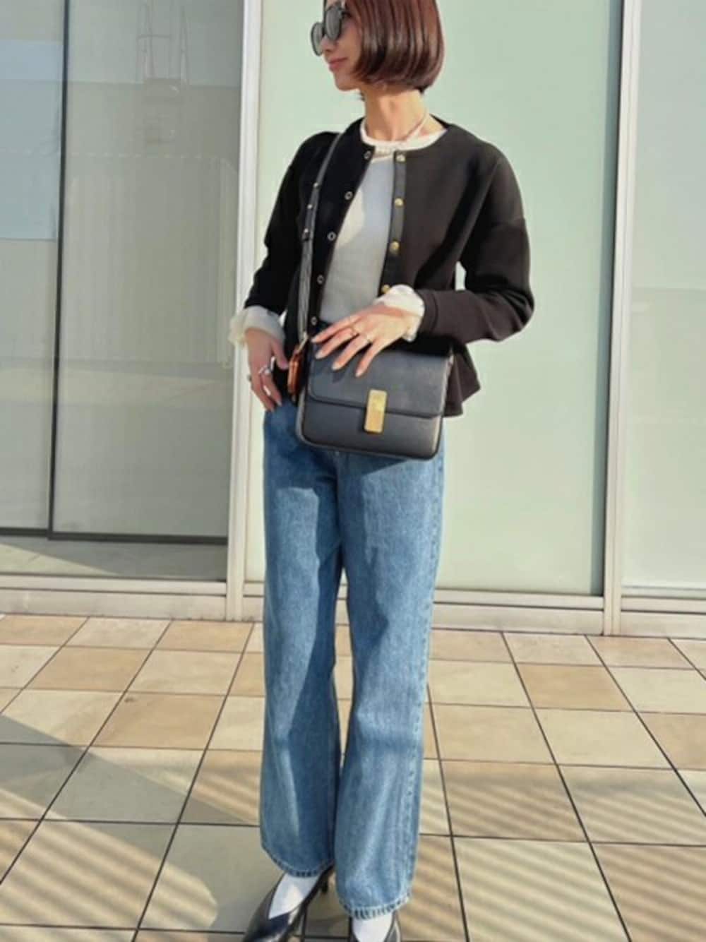 「ジャケット、ブラック、ノーカラー、ノーカラージャケット、ダンボール、春トップス、エマテイラー、Emmataylor、styledoor、スタイルドア」｜「Emma Taylorの【春トップス】ダンボールノーカラージャケット（ノーカラージャケット、ブラック系）」を使った、STYLEDOORさん（レディース・168cm）の春コーディネートの1枚目の写真