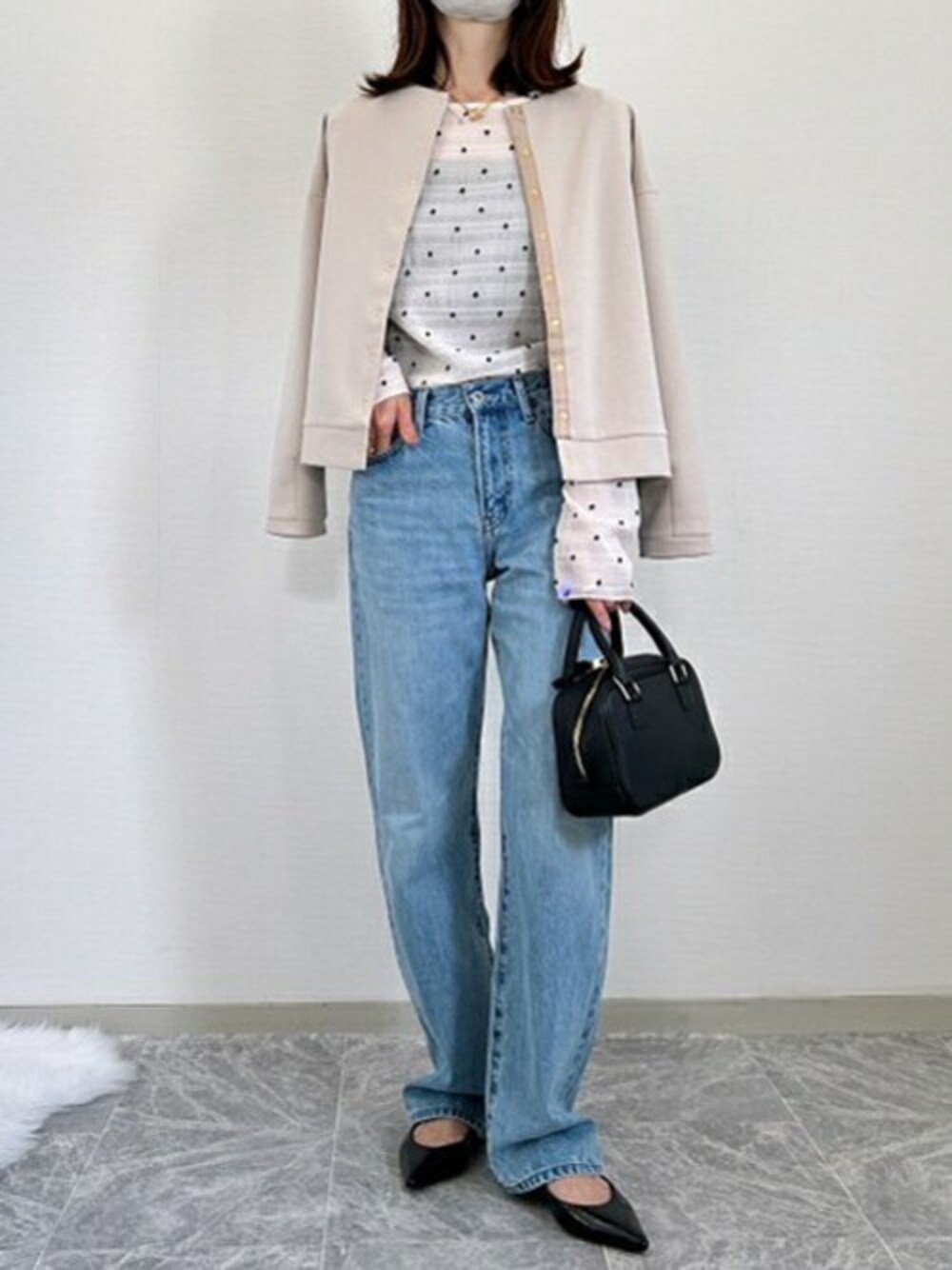 「ジャケット、ノーカラー、きれいめコーディネート、ノーカラージャケット、ライトベージュ、エマテイラー、Emmataylor、styledoor、スタイルドア、ライトダンボール」｜「Emma Taylorのライトダンボールノーカラージャケット（ノーカラージャケット、ベージュ系）」を使った、STYLEDOORさん（レディース・162cm）の春コーディネートの1枚目の写真