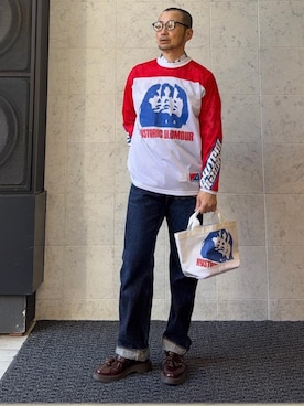 「HYSTERIC GLAMOUR（ヒステリックグラマー）のTARP ミニトートバッグ（トートバッグ、ホワイト系）」を使った、yamaguchi.fさん（メンズ・170cm）の春コーディネート