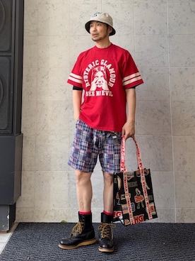 「HYSTERIC GLAMOUR（ヒステリックグラマー）のROCK CITY柄 トートバッグ（トートバッグ、ブラック系）」を使った、yamaguchi.fさん（メンズ・170cm）の春コーディネート