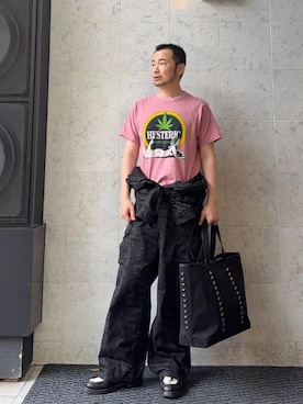 「HYSTERIC GLAMOUR（ヒステリックグラマー）のSTUDS CANVAS トート（トートバッグ、ブラック系）」を使った、yamaguchi.fさん（メンズ・170cm）の夏コーディネート
