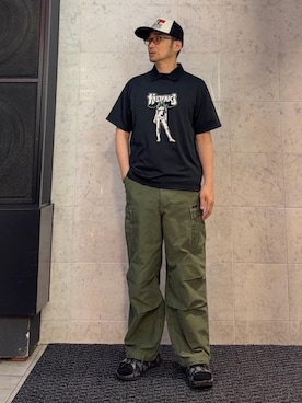 「HYSTERIC GLAMOUR（ヒステリックグラマー）の6ポケットカーゴパンツ（カーゴパンツ、グリーン系）」を使った、yamaguchi.fさん（メンズ・170cm）の夏コーディネート