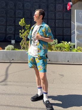 「HYSTERIC GLAMOUR（ヒステリックグラマー）のLEVITATED GIRL柄 イージーショーツ（その他パンツ、ブルー系）」を使った、yamaguchi.fさん（メンズ・170cm）の夏コーディネート