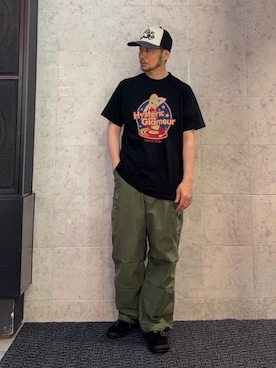 「HYSTERIC GLAMOUR（ヒステリックグラマー）の6ポケットカーゴパンツ（カーゴパンツ、グリーン系）」を使った、yamaguchi.fさん（メンズ・170cm）の夏コーディネート