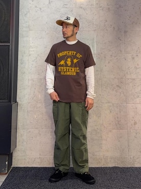 「HYSTERIC GLAMOUR（ヒステリックグラマー）の6ポケットカーゴパンツ（カーゴパンツ、グリーン系）」を使った、yamaguchi.fさん（メンズ・170cm）の夏コーディネート
