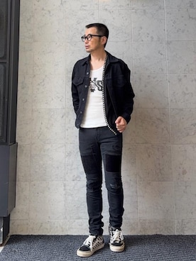 「HYSTERIC GLAMOUR（ヒステリックグラマー）のスタッズ カーディガン（ニット/セーター、ブラック系）」を使った、yamaguchi.fさん（メンズ・170cm）の夏コーディネート