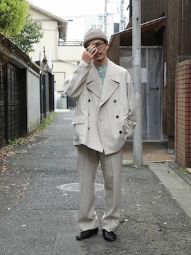 「UNITED TOKYO（ユナイテッドトウキョウ）のランダムストライプ P-JK（テーラードジャケット、ベージュ系）」を使った、Yamamotoさん（メンズ・169cm）の春コーディネート