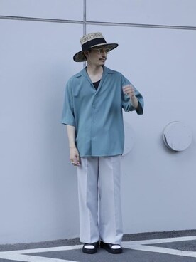 「UNITED TOKYO（ユナイテッドトウキョウ）のクリアウールスキッパーシャツ（シャツ/ブラウス、グリーン系）」を使った、Yamamotoさん（メンズ・169cm）の春コーディネート