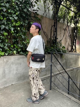 「Manhattan Portage（マンハッタンポーテージ）のShort Sleeve Print T-Shirts（Tシャツ/カットソー、ホワイト系）」を使った、Manhattan Portage Staffさん（メンズ）の春コーディネート