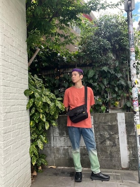 「Manhattan Portage（マンハッタンポーテージ）のShort Sleeve Print T-Shirts（Tシャツ/カットソー、オレンジ系）」を使った、Manhattan Portage Staffさん（メンズ）の春コーディネート