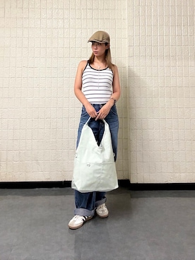 「Manhattan Portage（マンハッタンポーテージ）のBROOKHAVEN TOTE BAG CANVAS LIGHT 26（トートバッグ、グリーン系）」を使った、Manhattan Portage Staffさん（メンズ）の夏コーディネート