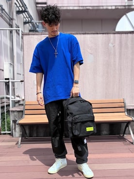「Manhattan Portage（マンハッタンポーテージ）のBig Apple Backpack W.P.L.（バックパック/リュック、ブラック系）」を使った、Manhattan Portage Staffさん（メンズ）の夏コーディネート