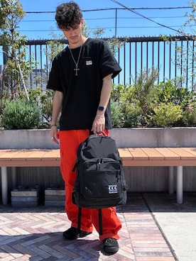 「Manhattan Portage（マンハッタンポーテージ）のTOWNSEND BACKPACK CCC（バックパック/リュック、ブラック系）」を使った、Manhattan Portage Staffさん（メンズ）の夏コーディネート
