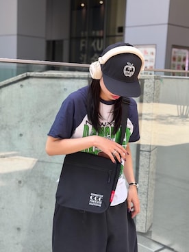 「Manhattan Portage（マンハッタンポーテージ）のNYLON 6P CAP CCC（キャップ、ブラック系）」を使った、Manhattan Portage Staffさん（メンズ）の夏コーディネート