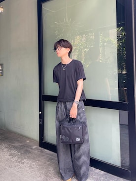 「Manhattan Portage BLACK LABEL（マンハッタンポーテージ　ブラックレーベル）のSUNSET PARK TOTE TWL POKEMON（トートバッグ、ブラック系）」を使った、Manhattan Portage Staffさん（メンズ）の夏コーディネート