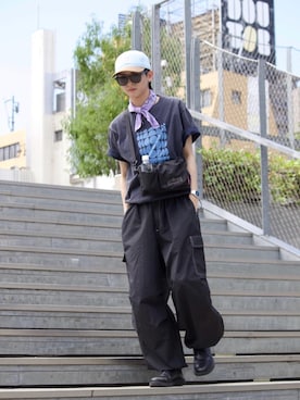 「Manhattan Portage（マンハッタンポーテージ）の2Tone Twill Washed Cap（キャップ、ブルー系）」を使った、Manhattan Portage Staffさん（メンズ）の夏コーディネート