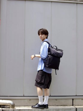 「Manhattan Portage（マンハッタンポーテージ）のMERCER BACKPACK CORDURA TWILLBAG（バックパック/リュック、ブラック系）」を使った、Manhattan Portage Staffさん（メンズ）の夏コーディネート