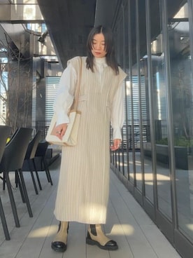 「PUBLIC TOKYO（パブリックトウキョウ）のチェルシーブーツ（ブーツ、ベージュ系）」を使った、田村紗菜さん（レディース・154cm）の冬コーディネート