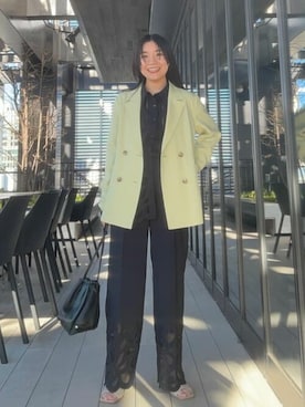 「PUBLIC TOKYO（パブリックトウキョウ）の【セットアップ対応】カットワークレースシャツ（シャツ/ブラウス、ブラック系）」を使った、田村紗菜さん（レディース・154cm）の春コーディネート