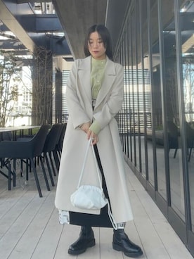 「PUBLIC TOKYO（パブリックトウキョウ）の〈150cmから着られる〉バックフレアスプリングチェスターコート（チェスターコート、ホワイト系）」を使った、田村紗菜さん（レディース・154cm）の春コーディネート