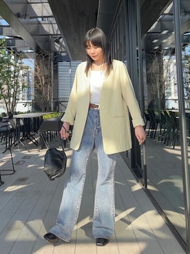 「PUBLIC TOKYO（パブリックトウキョウ）のアイテム（ノーカラージャケット）」を使った、田村紗菜さん（レディース・154cm）の春コーディネート