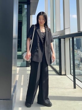 「PUBLIC TOKYO（パブリックトウキョウ）の【セットアップ対応】リネンライクハーフスリーブシャツジャケット/ウォッシャブル（テーラードジャケット、ブラック系）」を使った、田村紗菜さん（レディース・154cm）の春コーディネート