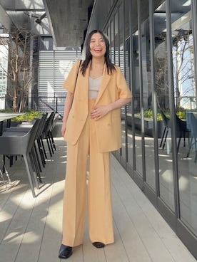 「PUBLIC TOKYO（パブリックトウキョウ）の【セットアップ対応】リネンライクハーフスリーブシャツジャケット/ウォッシャブル（テーラードジャケット、オレンジ系）」を使った、田村紗菜さん（レディース・154cm）の春コーディネート