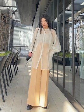 「PUBLIC TOKYO（パブリックトウキョウ）のシアーボリュームスリーブブラウス/ウォッシャブル（シャツ/ブラウス、ホワイト系）」を使った、田村紗菜さん（レディース・154cm）の春コーディネート