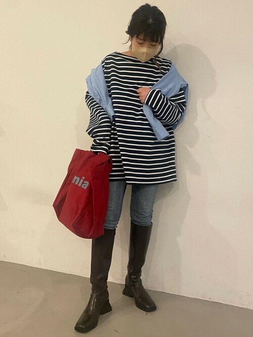 セール】ミニ裏毛ボーダーボートネックビッグトップス（Tシャツ