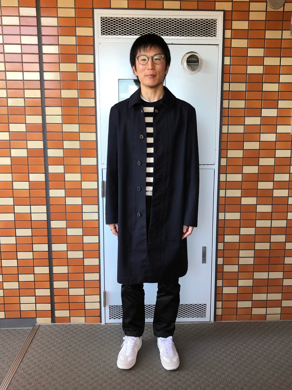 「ボーダー」｜「SAINT LAURENT PARISのアイテム（ニット/セーター、ホワイト系）」を使った、Daisuke Aさん（メンズ・168cm）の冬コーディネートの1枚目の写真