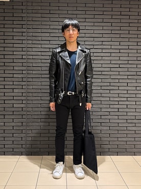 「CELINE（セリーヌ）のクラシックバイカー　2E158599E.38NO（ライダースジャケット、ブラック系）」を使った、Daisuke Aさん（メンズ・168cm）の春コーディネート