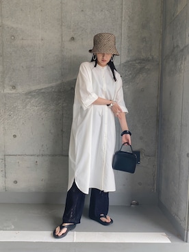 「麦わら帽子」｜「アイテム（シャツワンピース）」を使った、MARIKOさん（レディース・168cm）の夏コーディネート
